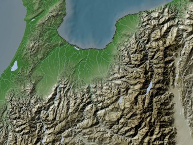 Toyama, Japonya Eyaleti. Yükseklik haritası göller ve nehirlerle wiki stilinde renklendirilmiştir