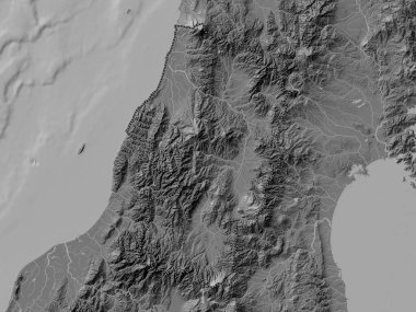 Yamagata, Japonya Eyaleti. Gölleri ve nehirleri olan çift seviyeli yükseklik haritası