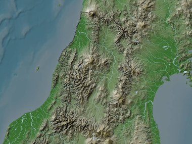 Yamagata, Japonya Eyaleti. Yükseklik haritası göller ve nehirlerle wiki stilinde renklendirilmiştir