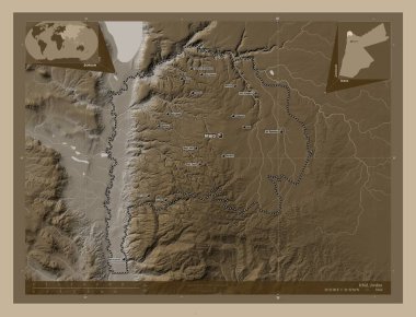 Irbid, Ürdün vilayeti. Yükseklik haritası sepya tonlarında göller ve nehirlerle renklendirilmiş. Bölgenin büyük şehirlerinin yerleri ve isimleri. Köşedeki yedek konum haritaları