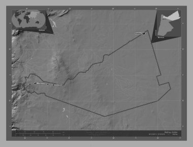 Mafraq, Ürdün vilayeti. Göllü ve nehirli çift katlı yükseklik haritası. Bölgenin büyük şehirlerinin yerleri ve isimleri. Köşedeki yedek konum haritaları
