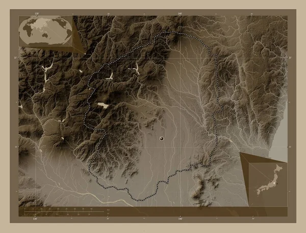 Τοτσίγκι Νομός Ιαπωνίας Υψόμετρο Χάρτη Χρωματισμένο Τόνους Σέπια Λίμνες Και — Φωτογραφία Αρχείου