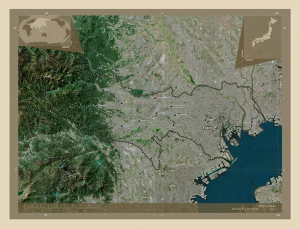 日本の大都市 高解像度衛星地図 地域の主要都市の位置と名前 コーナー補助位置図 — ストック写真
