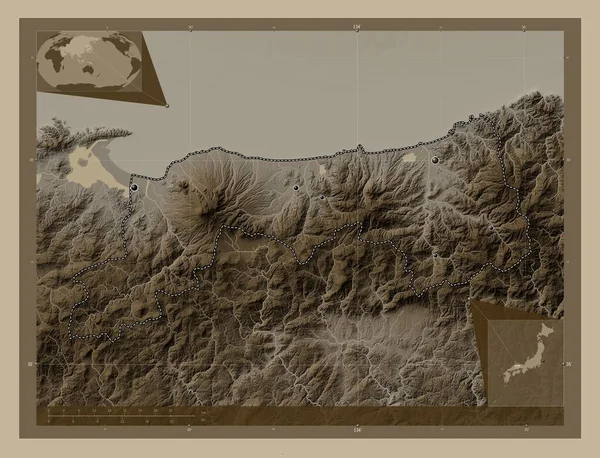 Tottori Prefectuur Van Japan Hoogtekaart Gekleurd Sepia Tinten Met Meren — Stockfoto