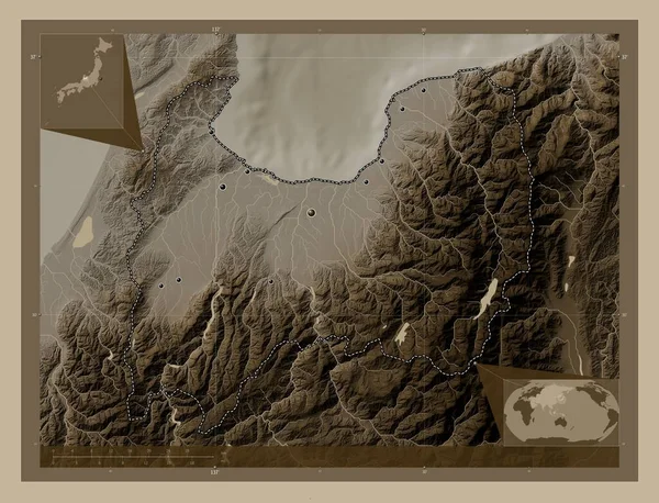 Toyama Prefecture Japan Elevation Map Colored Sepia Tones Lakes Rivers — Stock Photo, Image