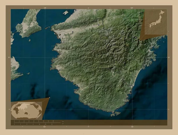 日本の和歌山県 低解像度衛星地図 地域の主要都市の場所 コーナー補助位置図 — ストック写真