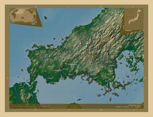 日本の山口県 湖や川と色の標高マップ 地域の主要都市の位置と名前 コーナー補助位置図 — ストック写真