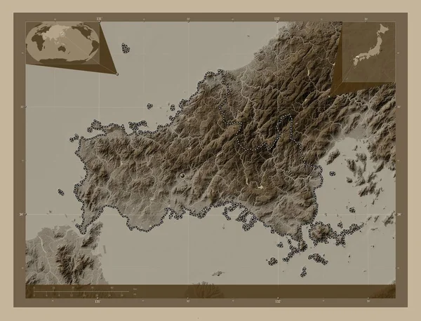 야마구치 일본의 세피아 색으로 지도는 호수와 강으로 울려퍼진다 Corner Auxiliary — 스톡 사진