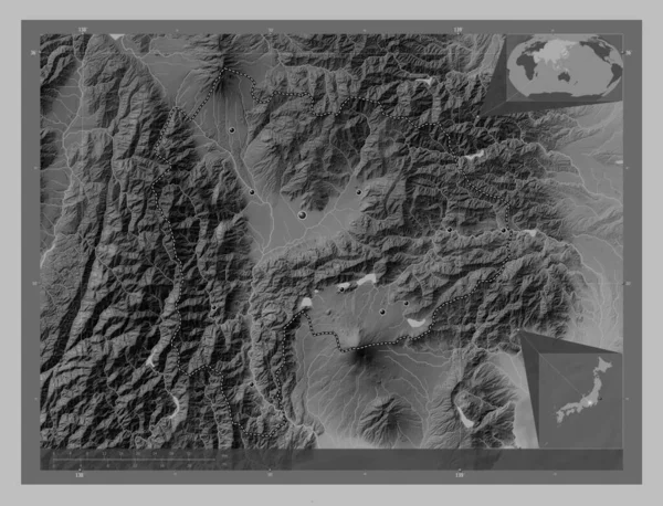 Yamanashi Prefecture Japan Grayscale Elevation Map Lakes Rivers Locations Major — Stock Photo, Image