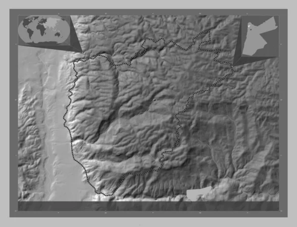 Ajlun Province Jordan Grayscale Elevation Map Lakes Rivers Corner Auxiliary — Stock Photo, Image