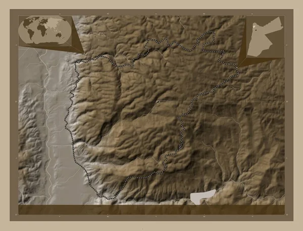 Ajlun Provincia Jordania Mapa Elevación Coloreado Tonos Sepia Con Lagos —  Fotos de Stock