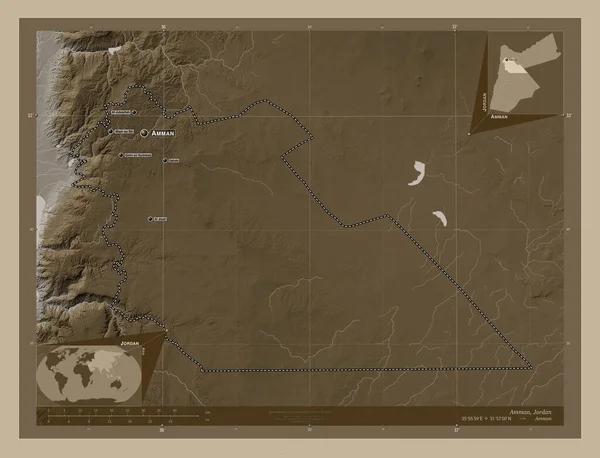 Amman Provincia Giordania Mappa Elevazione Colorata Toni Seppia Con Laghi — Foto Stock