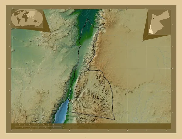 Aqaba Province Jordan Colored Elevation Map Lakes Rivers Corner Auxiliary — Stock Photo, Image