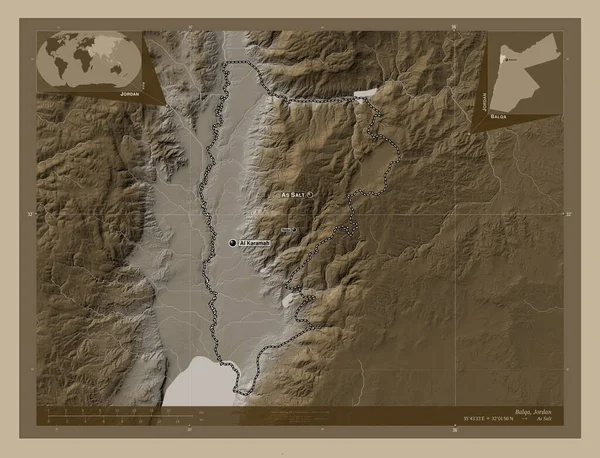 Balqa Provincia Jordania Mapa Elevación Coloreado Tonos Sepia Con Lagos —  Fotos de Stock