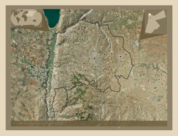 ヨルダンの州 イルビド 高解像度衛星地図 地域の主要都市の場所 コーナー補助位置図 — ストック写真