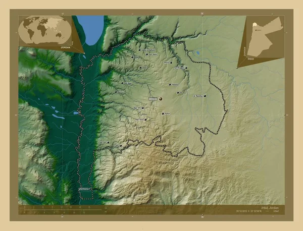 Irbid Prowincja Jordania Kolorowa Mapa Wzniesień Jeziorami Rzekami Lokalizacje Nazwy — Zdjęcie stockowe