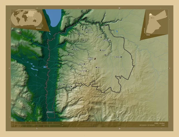 Irbid Provincia Jordania Mapa Elevación Colores Con Lagos Ríos Ubicaciones —  Fotos de Stock