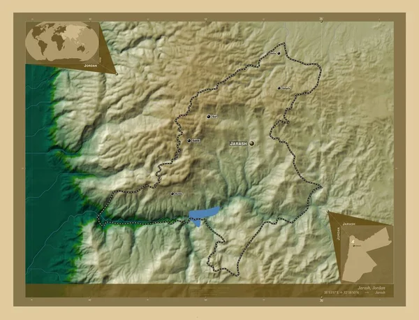 Jarash Provincia Giordania Mappa Elevazione Colorata Con Laghi Fiumi Località — Foto Stock