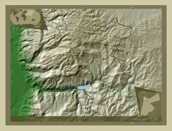 Jarash Prowincja Jordanii Mapa Wzniesień Kolorowa Stylu Wiki Jeziorami Rzekami — Zdjęcie stockowe