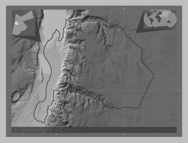Карак Провінція Йорданія Граймасштабна Мапа Висот Озерами Річками Кутові Допоміжні — стокове фото