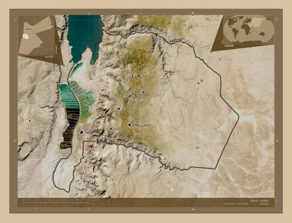 ヨルダンのカラク州 低解像度衛星地図 地域の主要都市の位置と名前 コーナー補助位置図 — ストック写真
