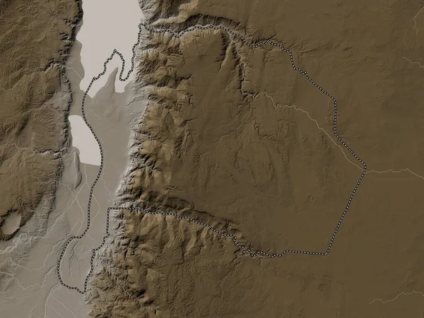 Karak Province Jordan Elevation Map Colored Sepia Tones Lakes Rivers — Stock Photo, Image