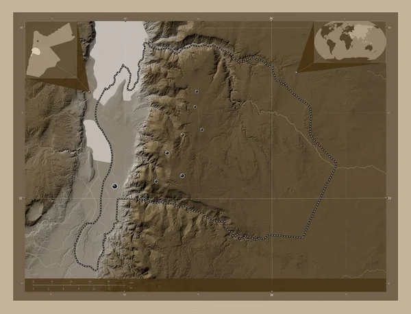 Karak Provincia Jordania Mapa Elevación Coloreado Tonos Sepia Con Lagos —  Fotos de Stock