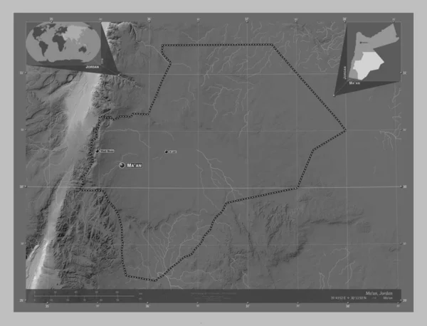 Provincia Jordania Mapa Elevación Escala Grises Con Lagos Ríos Ubicaciones — Foto de Stock