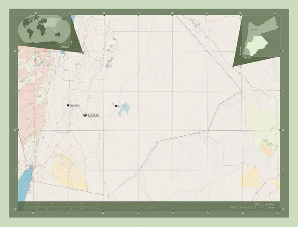 约旦省 开放街道地图 该区域主要城市的地点和名称 角辅助位置图 — 图库照片