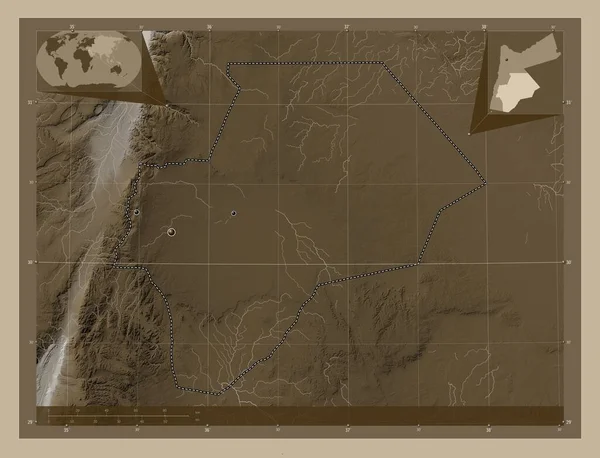 Provincia Jordania Mapa Elevación Coloreado Tonos Sepia Con Lagos Ríos —  Fotos de Stock