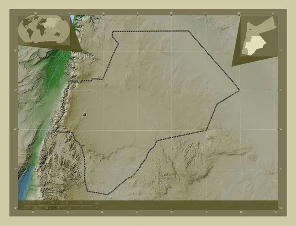 Provincie Jordanië Hoogtekaart Gekleurd Wiki Stijl Met Meren Rivieren Hulplocatiekaarten — Stockfoto