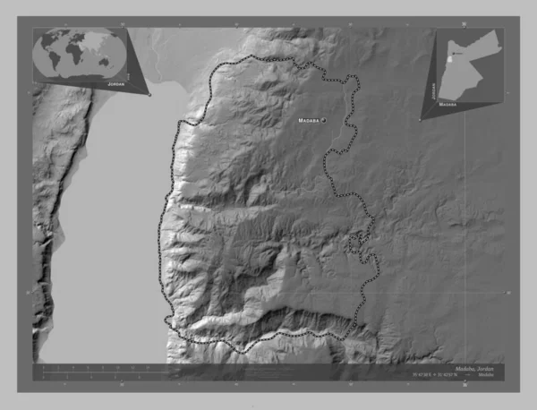 Мадаба Провінція Йорданія Граймасштабна Мапа Висот Озерами Річками Місця Розташування — стокове фото