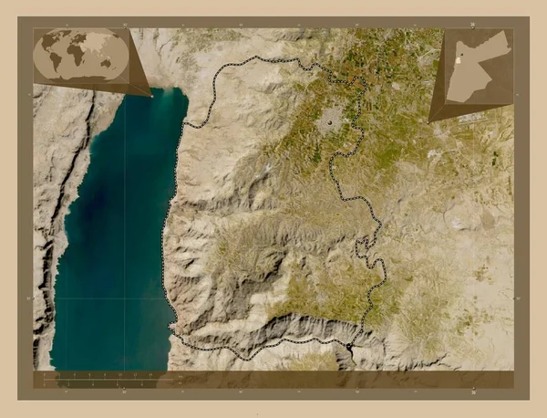 ヨルダンの州 マダバ 低解像度衛星地図 地域の主要都市の場所 コーナー補助位置図 — ストック写真