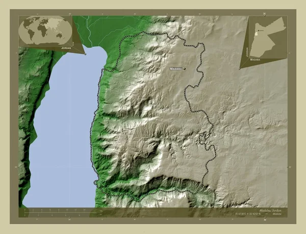 Madaba Província Jordânia Mapa Elevação Colorido Estilo Wiki Com Lagos — Fotografia de Stock