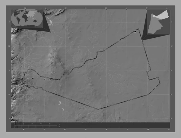 ヨルダンの州 マフラク 湖や川と二階の標高マップ 地域の主要都市の場所 コーナー補助位置図 — ストック写真