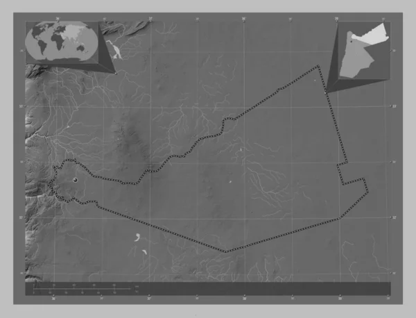 Mafraq Provincie Jordanië Grayscale Hoogte Kaart Met Meren Rivieren Hulplocatiekaarten — Stockfoto