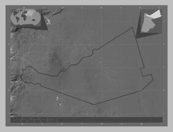 Mafraq Province Jordanie Carte Altitude Niveaux Gris Avec Lacs Rivières — Photo