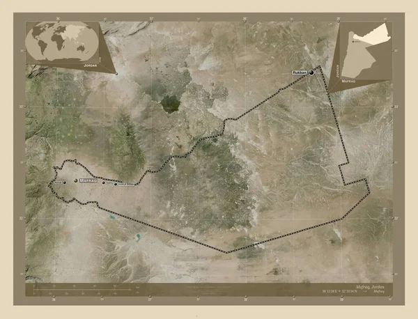 ヨルダンの州 マフラク 高解像度衛星地図 地域の主要都市の位置と名前 コーナー補助位置図 — ストック写真