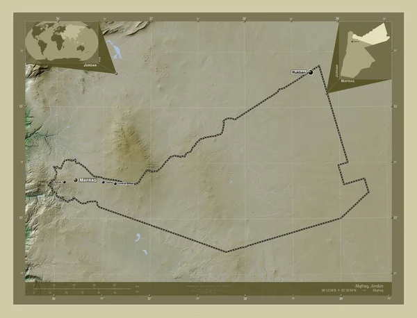 约旦省Mafraq 用Wiki风格绘制的带有湖泊和河流的高程地图 该区域主要城市的地点和名称 角辅助位置图 — 图库照片
