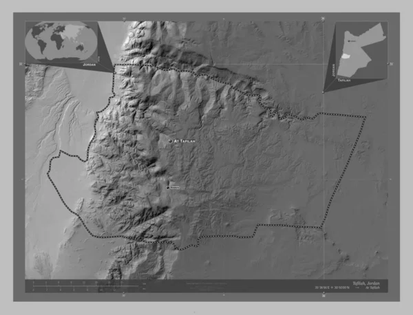 Tafilah Ürdün Vilayeti Gölleri Nehirleri Olan Gri Tonlama Yükseklik Haritası — Stok fotoğraf