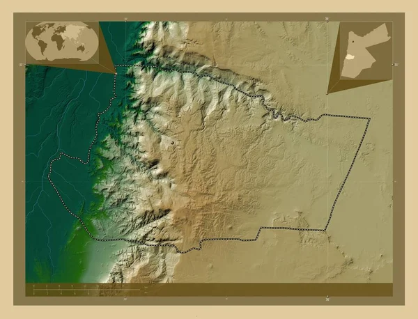 Tafilah Province Jordanie Carte Altitude Colorée Avec Lacs Rivières Corner — Photo