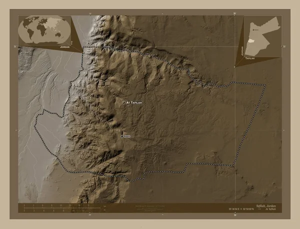 Tafilah Provincie Jordanië Hoogtekaart Gekleurd Sepia Tinten Met Meren Rivieren — Stockfoto