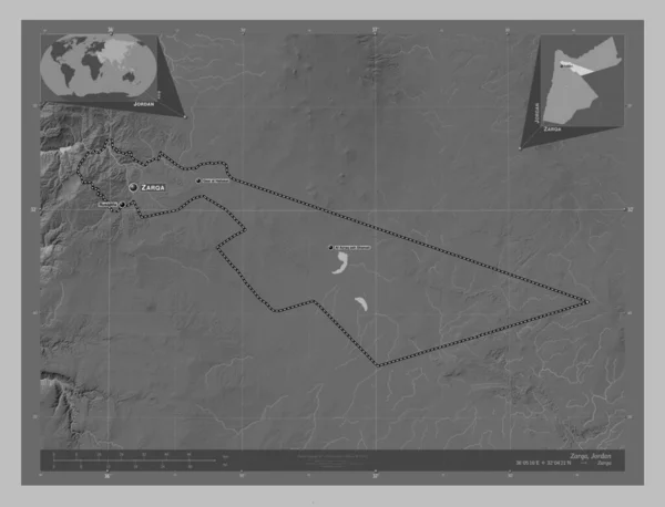 Zarqa Provincia Jordania Mapa Elevación Escala Grises Con Lagos Ríos —  Fotos de Stock