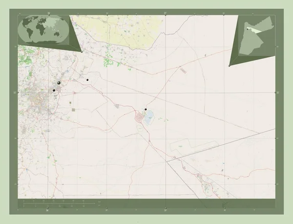 约旦省 开放街道地图 该区域主要城市的所在地点 角辅助位置图 — 图库照片