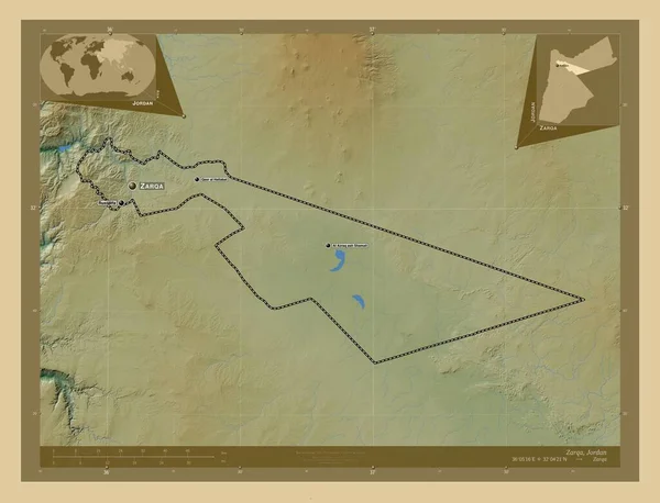 Zarqa Provincia Jordania Mapa Elevación Colores Con Lagos Ríos Ubicaciones — Foto de Stock