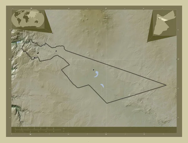 约旦省 用Wiki风格绘制的带有湖泊和河流的高程地图 该区域主要城市的所在地点 角辅助位置图 — 图库照片