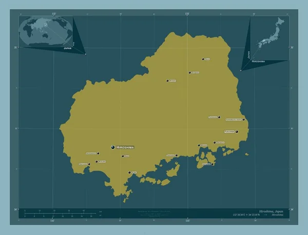 Hiroshima, prefecture of Japan. Solid color shape. Locations and names of major cities of the region. Corner auxiliary location maps