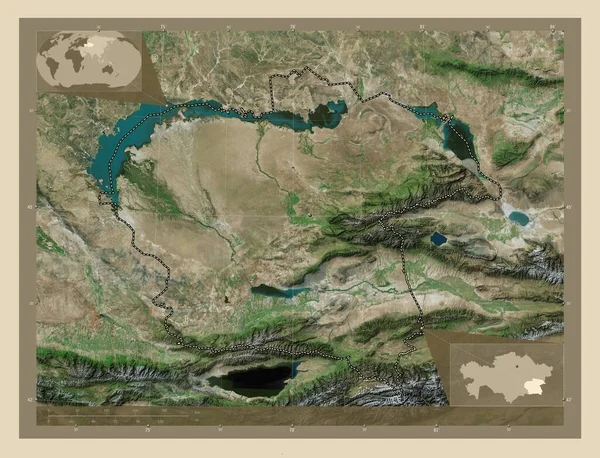 Almaty Περιφέρεια Καζακστάν Υψηλής Ανάλυσης Δορυφορικός Χάρτης Γωνιακοί Χάρτες Βοηθητικής — Φωτογραφία Αρχείου