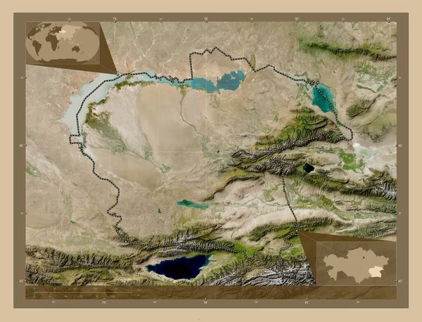 アルマトイ カザフスタンの地域 低解像度衛星地図 コーナー補助位置図 — ストック写真