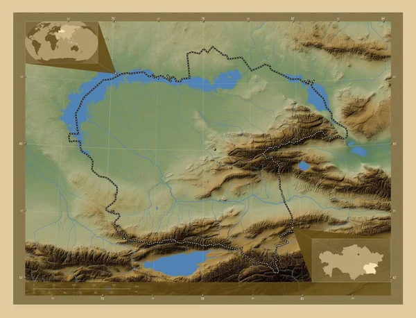 Almaty Região Cazaquistão Mapa Elevação Colorido Com Lagos Rios Mapa — Fotografia de Stock